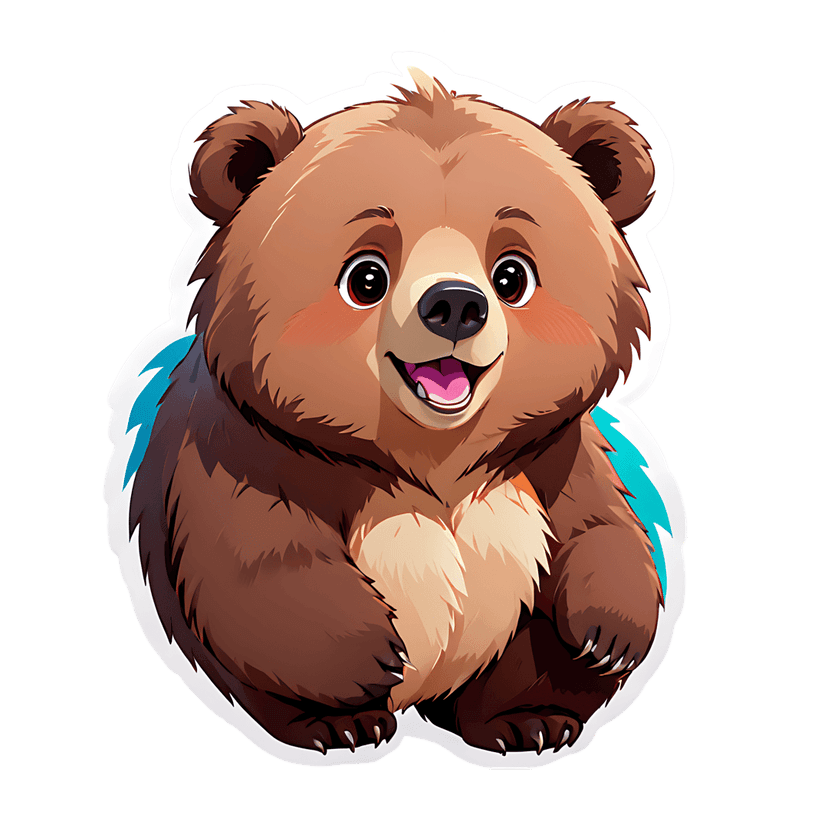 Brown bear cub sticker illustration featuring fluffy fur, blue lightning accents, and a white outline border.