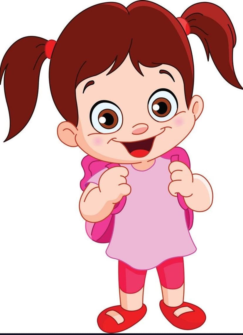 Young girl with pigtails and a pink backpack smiles with wide eyes, wearing red hair bands and a happy expression.