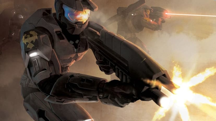 Armored Spartan soldier firing a shotgun with a bright muzzle flash on a smoky battlefield background.