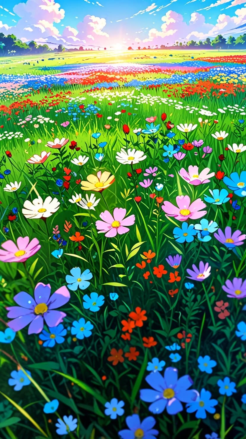 Purple, pink, and white cosmos flowers bloom in a lush green meadow under a bright blue sky with white clouds.