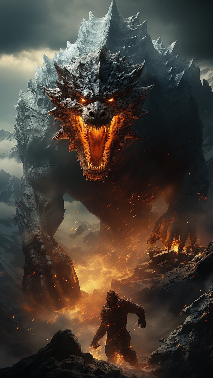 Massive dragon breathing fire over a lone warrior standing on a rocky cliff amidst flying sparks and embers.