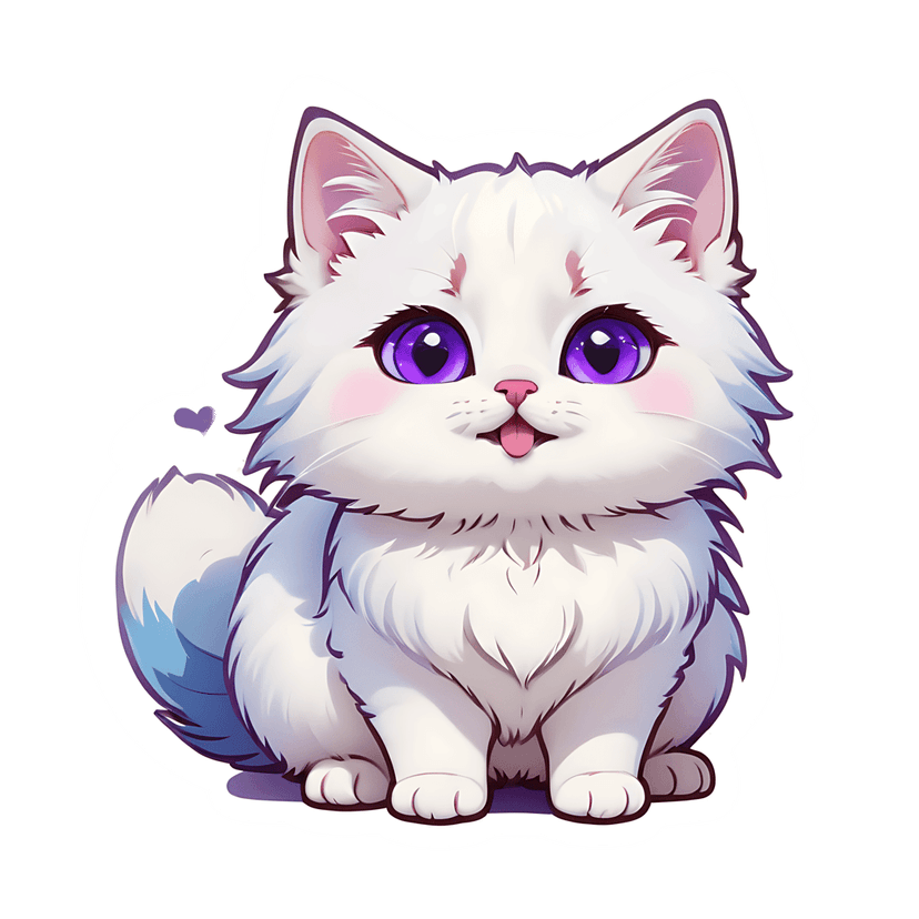 White kitten sticker features a fluffy front-facing cat with purple eyes, pink nose, and a small purple heart.