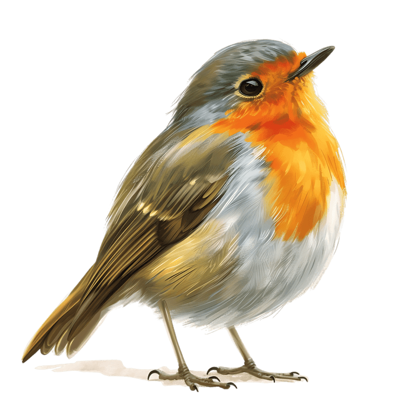 European robin bird perched showing orange breast feathers and grey wings against a transparent background.