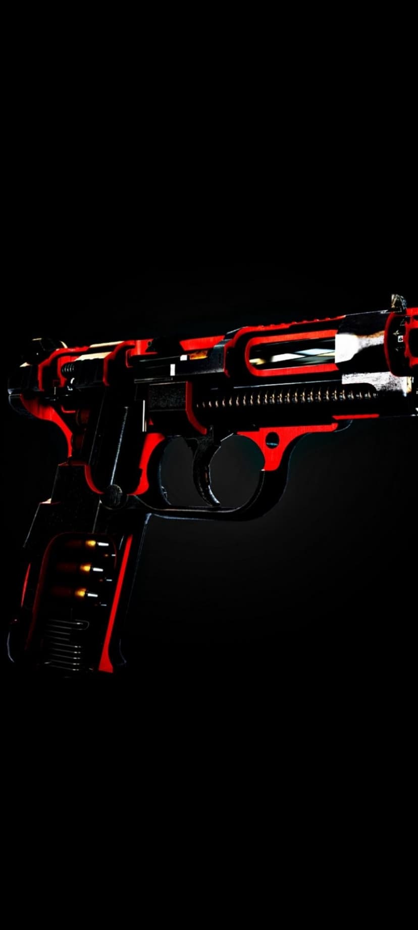 Futuristic black handgun featuring glowing red mechanical components and sharp geometric lines on a dark background