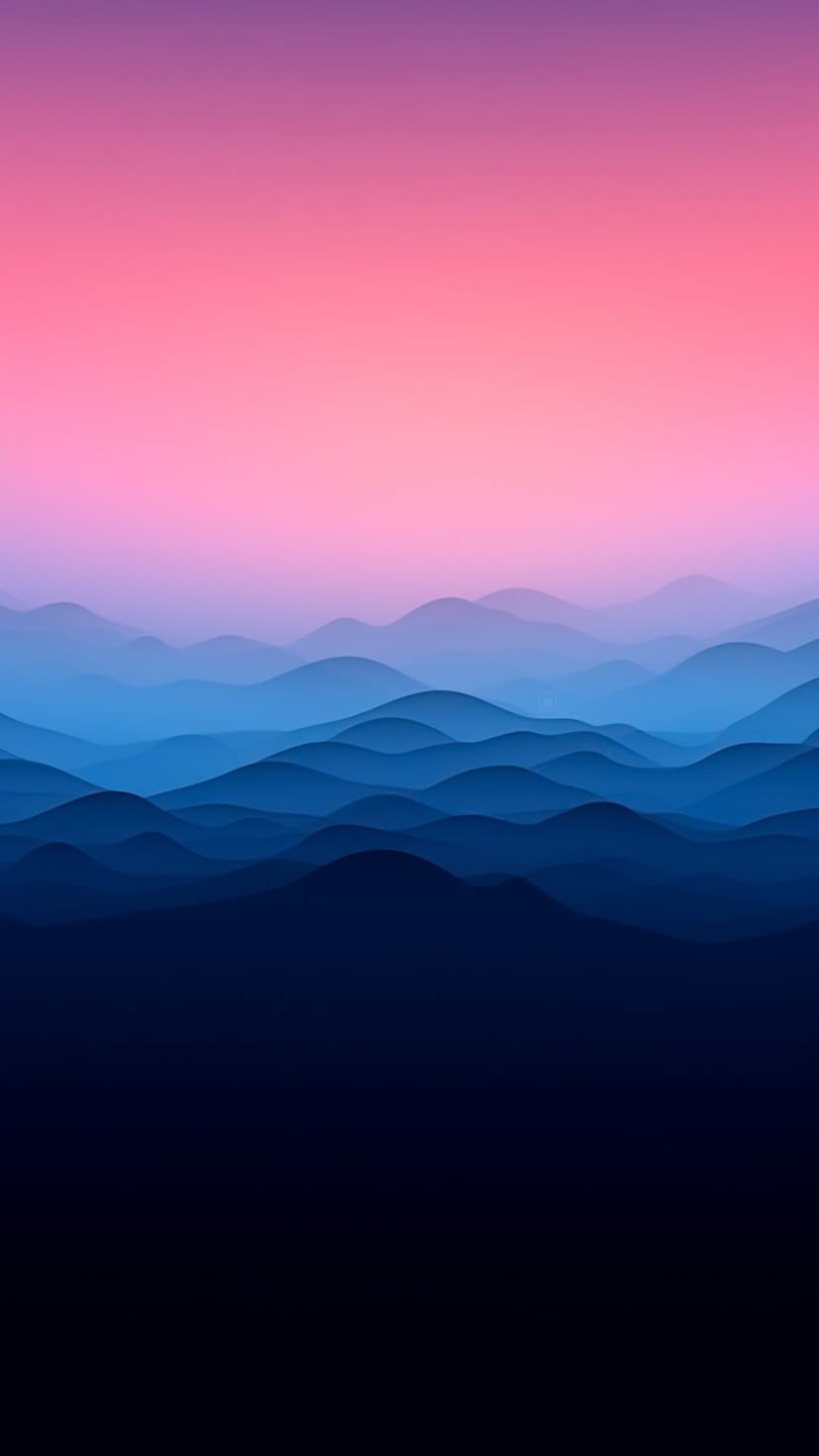 Layered blue mountain peaks sit under a soft pink and purple gradient sky in a minimalist vertical composition.