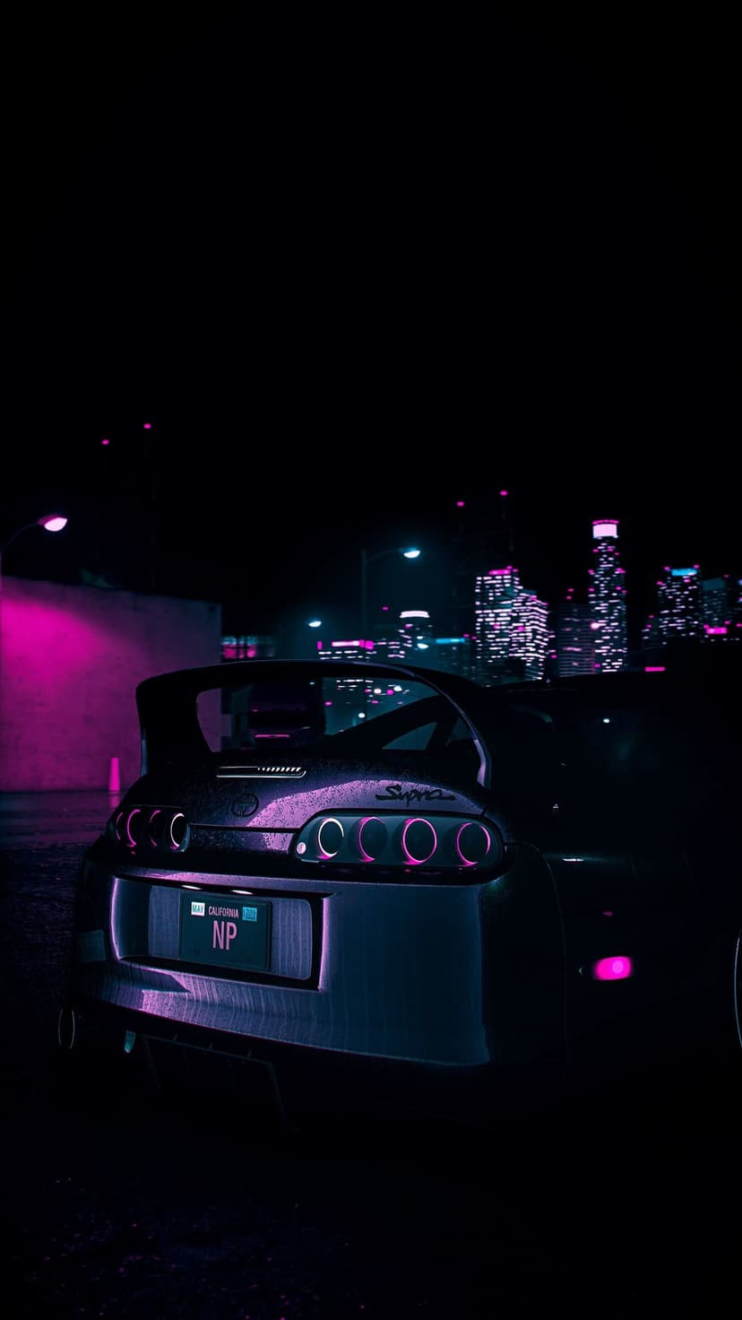 Toyota Supra with pink taillights parked on a wet street surrounded by blue and purple neon city skyscrapers.