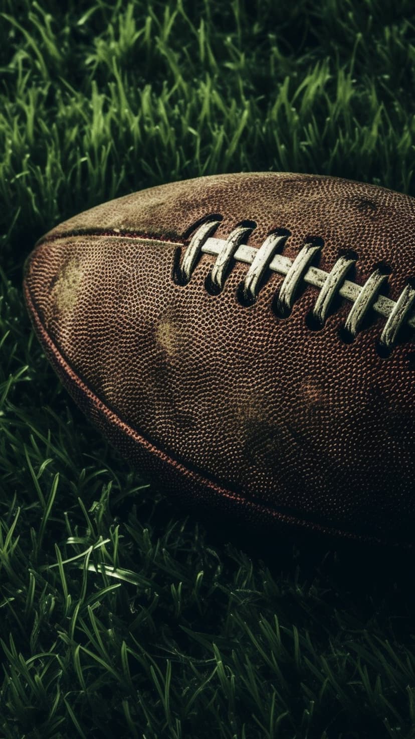 American football with pebbled leather texture and white laces resting on vibrant green grass blades.