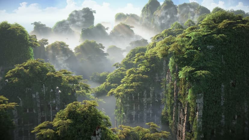 Overgrown stone buildings in a misty green jungle valley with sunbeams filtering through dense foliage and birds.