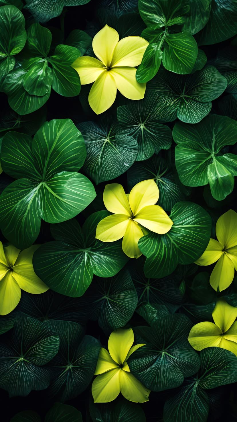 Bright yellow wildflowers nestle between large, deep green ribbed leaves in a dense, sunlit forest floor scene.
