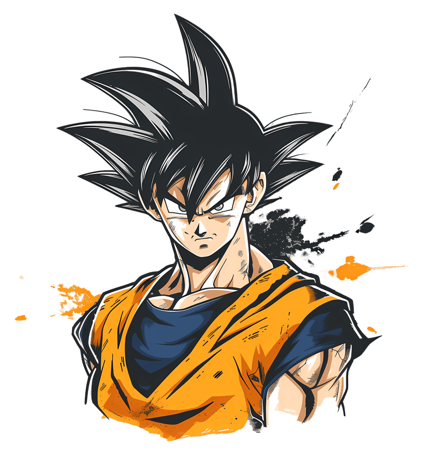 Anime martial artist wearing orange gi and blue belt stands in a heroic pose with spiky black hair.