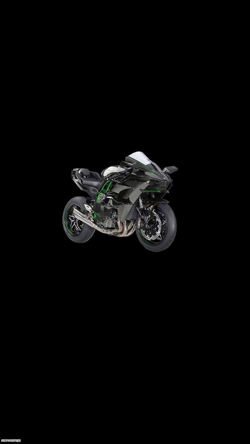 Kawasaki Ninja H2R superbike features black bodywork and lime green details on a solid dark backdrop.