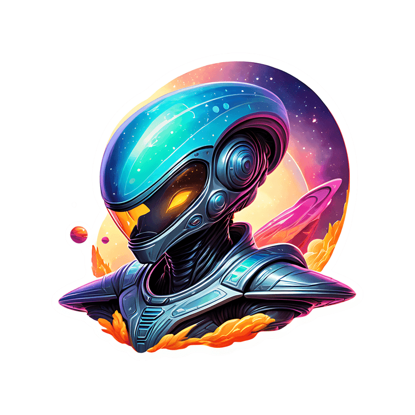Futuristic robot alien sticker showcasing a teal chrome helmet with glowing orange eyes against a purple nebula.
