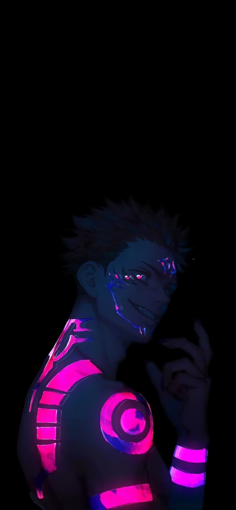 Anime demon with glowing pink and blue facial markings smiles sinisterly against a solid black background.