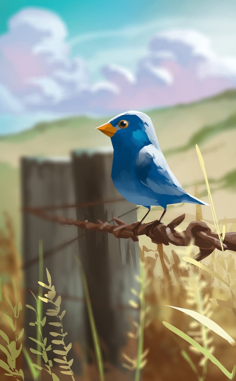 Azure bird with an orange beak perches on a rusty barbed wire fence against a backdrop of rolling green hills.