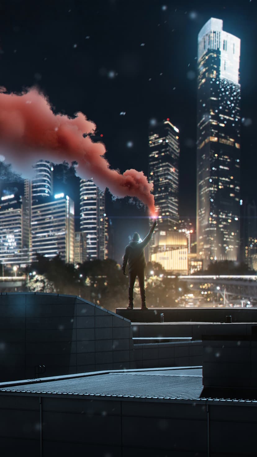 Lone figure holding a glowing red signal flare on a snowy rooftop overlooking a bokeh city skyline at night.