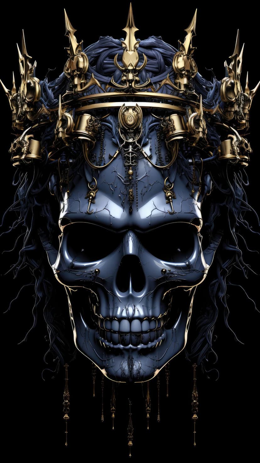 Metallic skull with an intricate spiked gold crown and long black hair set against a solid dark background.