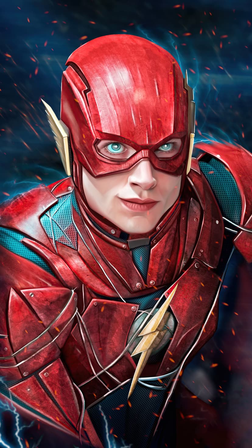 The Flash wearing a red armored suit with a yellow emblem, blue lightning arcs, and intense glowing embers.