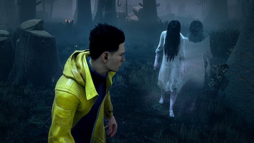 Yoichi Asakawa in a vibrant yellow jacket faces the ghostly Sadako Yamamura within a dark, misty forest setting.