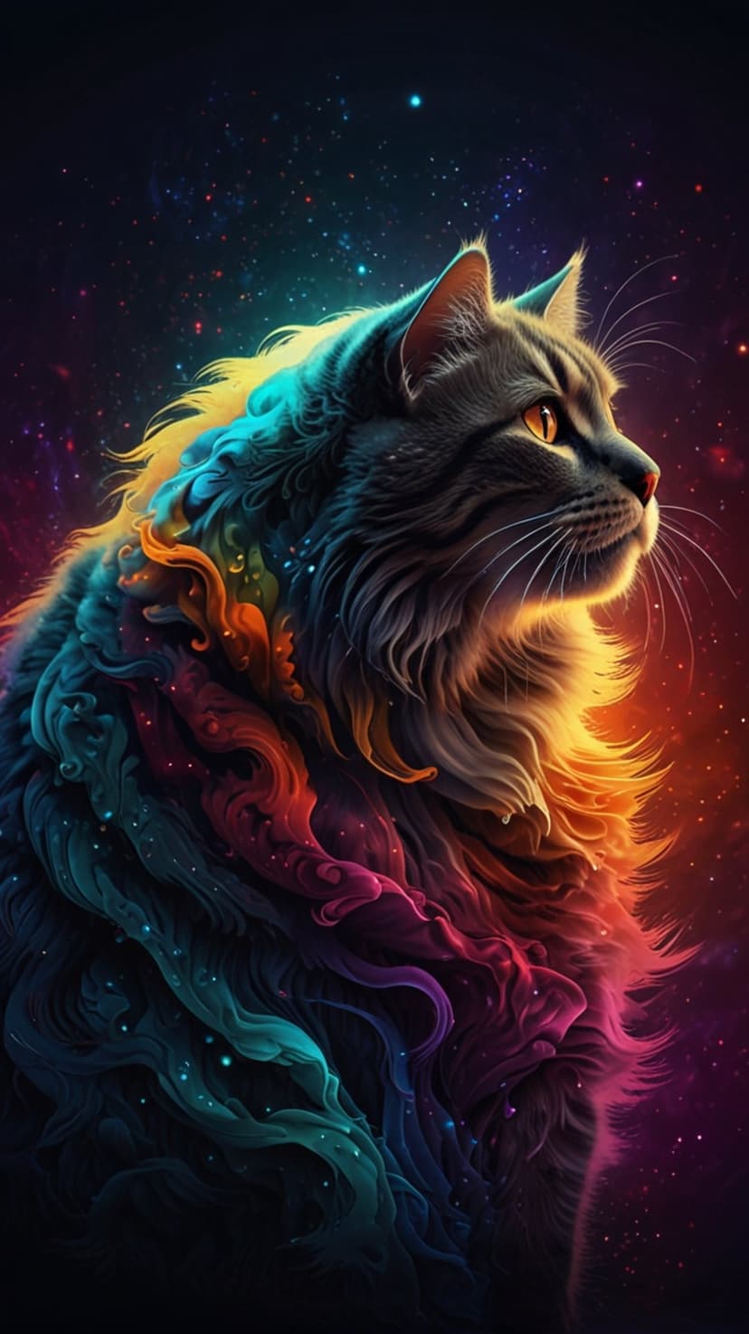 Grey tabby cat with a glowing multi-colored nebula mane and amber eyes gazing at a dark starry background.