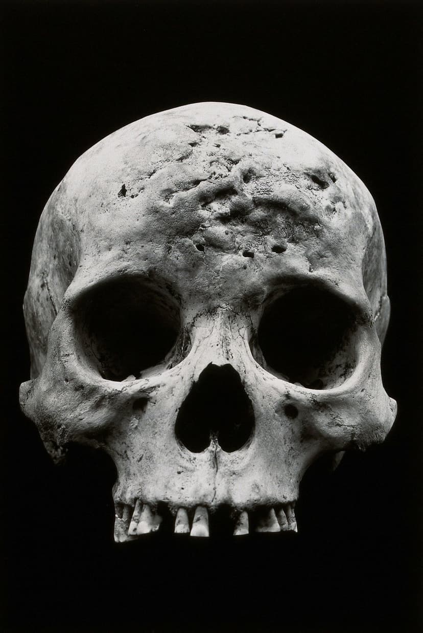 Human skull features sharp bone texture and deep shadows, emphasizing the weathered surface and nasal cavity.