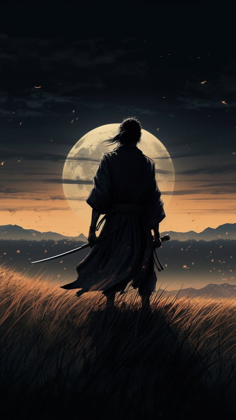 Samurai warrior silhouetted against a massive glowing full moon on a grassy hill under a twilight sky with birds.