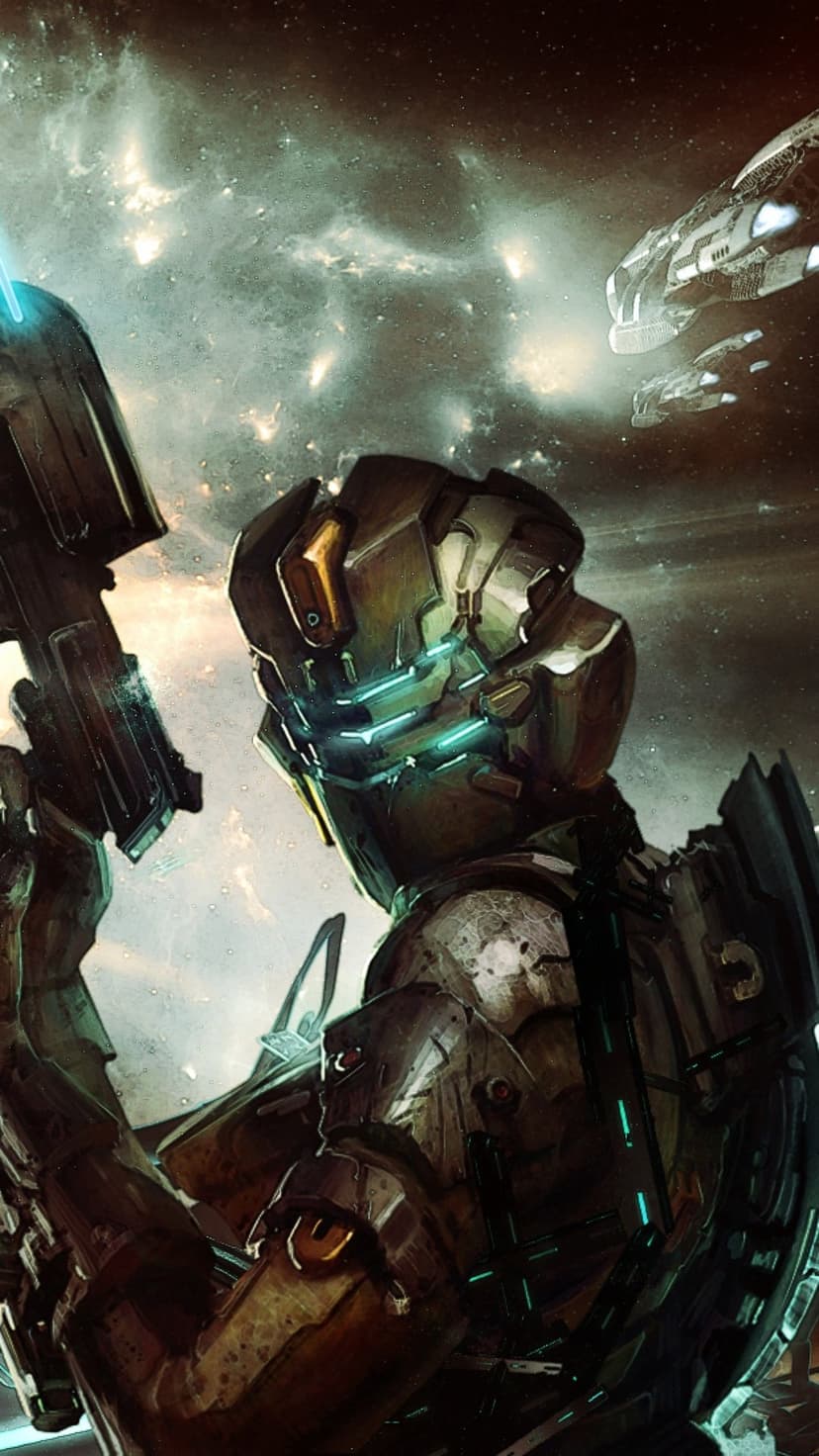 Isaac Clarke in an armored engineering suit with glowing blue visor slits against a cosmic nebula background.