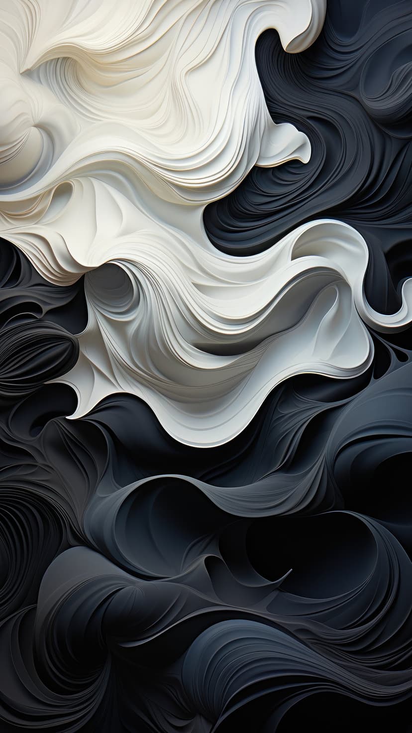 Swirling black and white sculptural ribbons with deep shadows and bright highlights in a vertical composition.