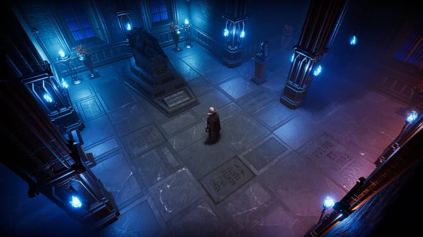 Vampire in a dark gothic mausoleum with glowing blue flames and floor tiles with Latin inscriptions.