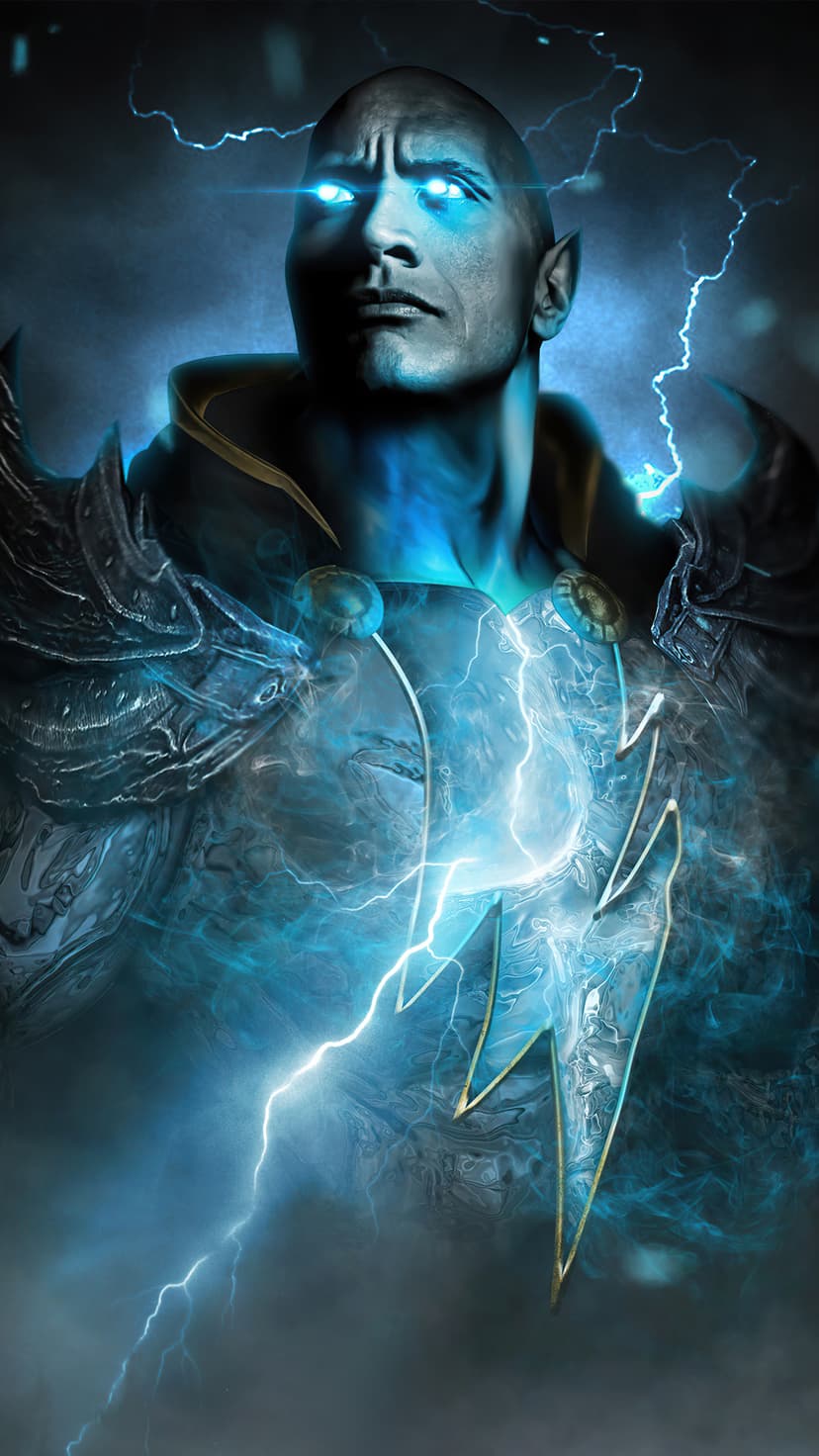 Black Adam with glowing eyes and ancient armor stands amidst blue lightning bolts and dark storm clouds.