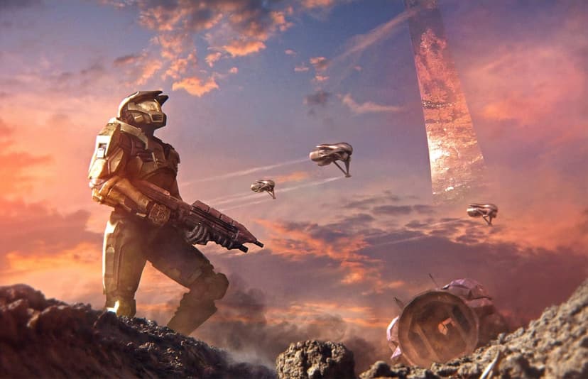 Master Chief stands with an assault rifle on a rocky planet at sunset with Banshees and a Halo ring in the sky.