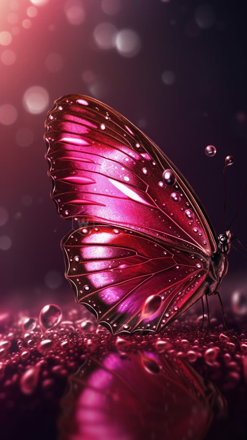 Pink butterfly wings with shimmering water droplets resting on a soft bokeh background of rose and purple tones.