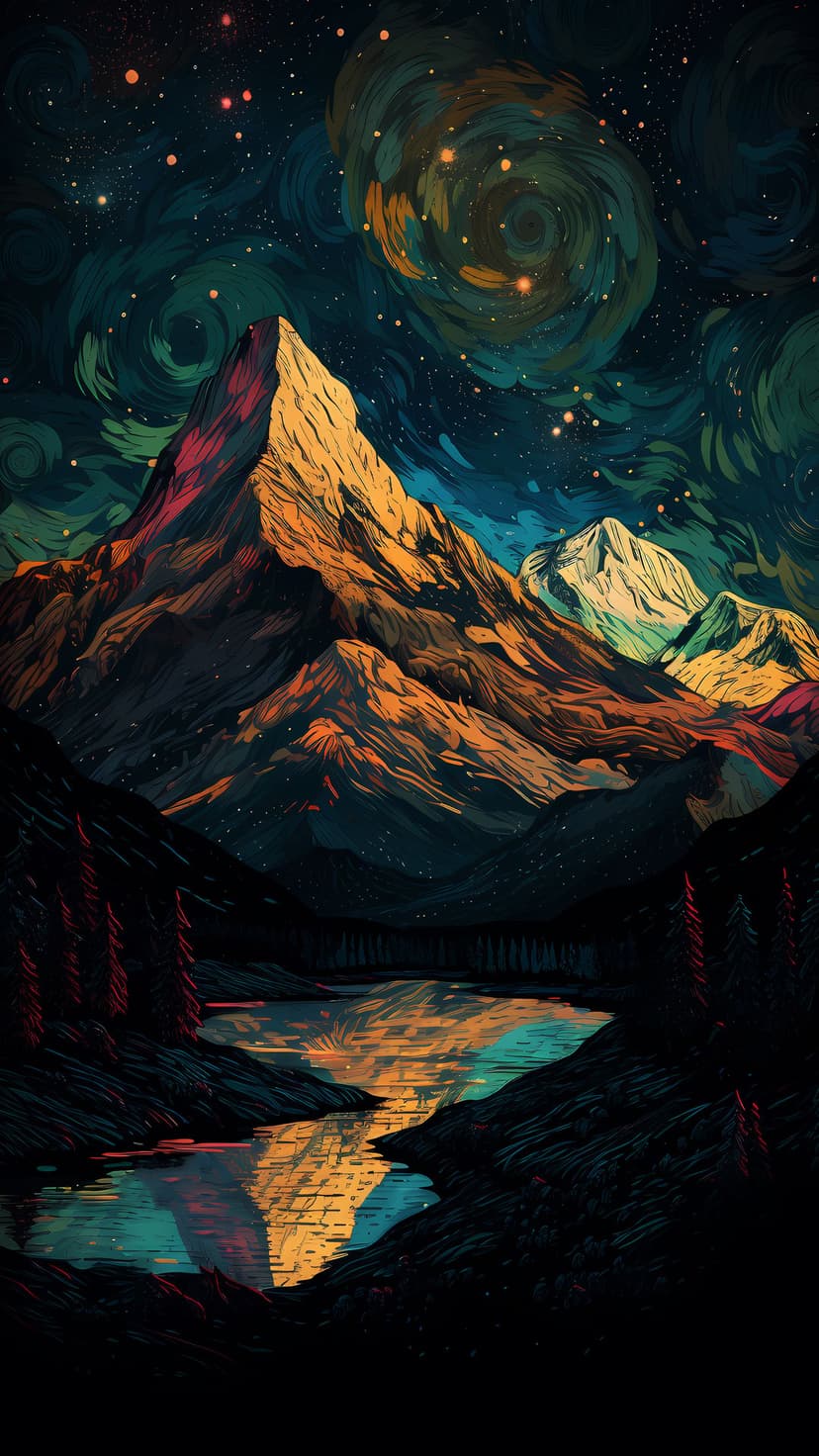 Swirling yellow stars and a crescent moon glow over blue mountain peaks reflected in a calm alpine lake.