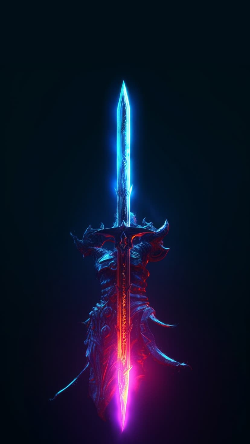 Glowing enchanted sword with a blue energy blade and pink hilt highlights against a dark vertical background.