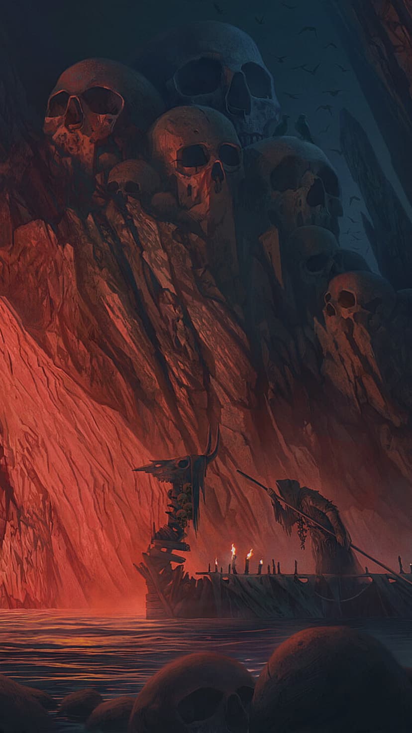 Human skulls pile inside a dark cavern where glowing red water illuminates a skeletal structure and flying birds.