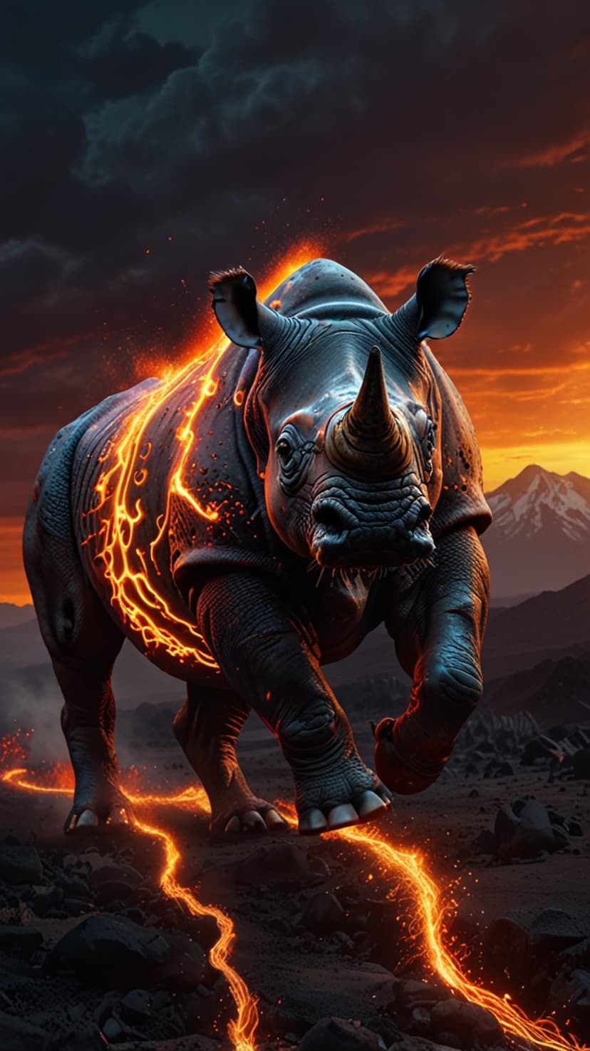 Rhinoceros with glowing orange lava cracks charges forward against a backdrop of stormy mountains and embers.