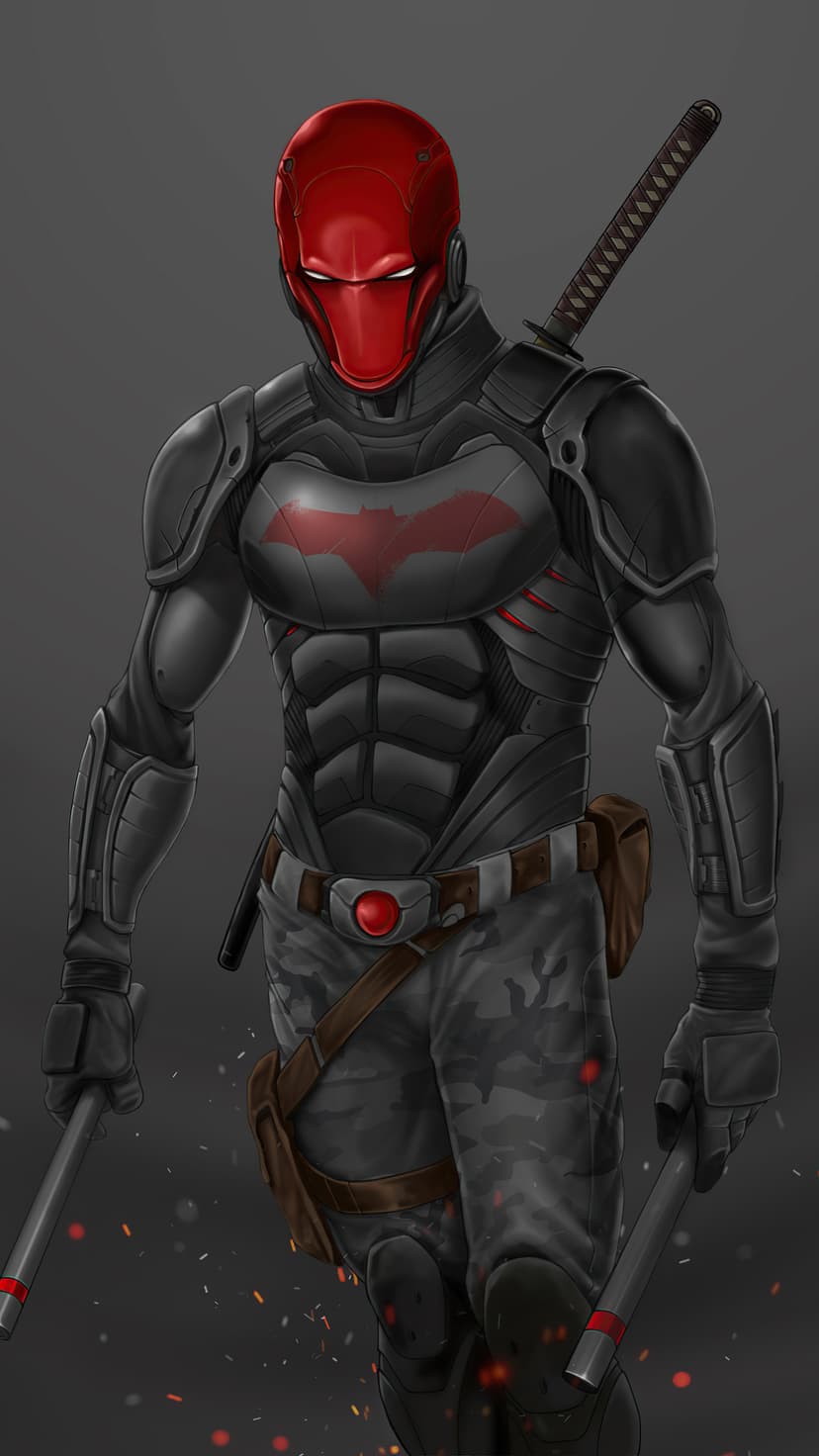 Red Hood in tactical armor holds tonfas while a katana rests on his back amidst floating embers.