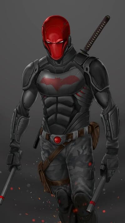 Red Hood DC Comics Character Illustration with Sword and Tonfas
