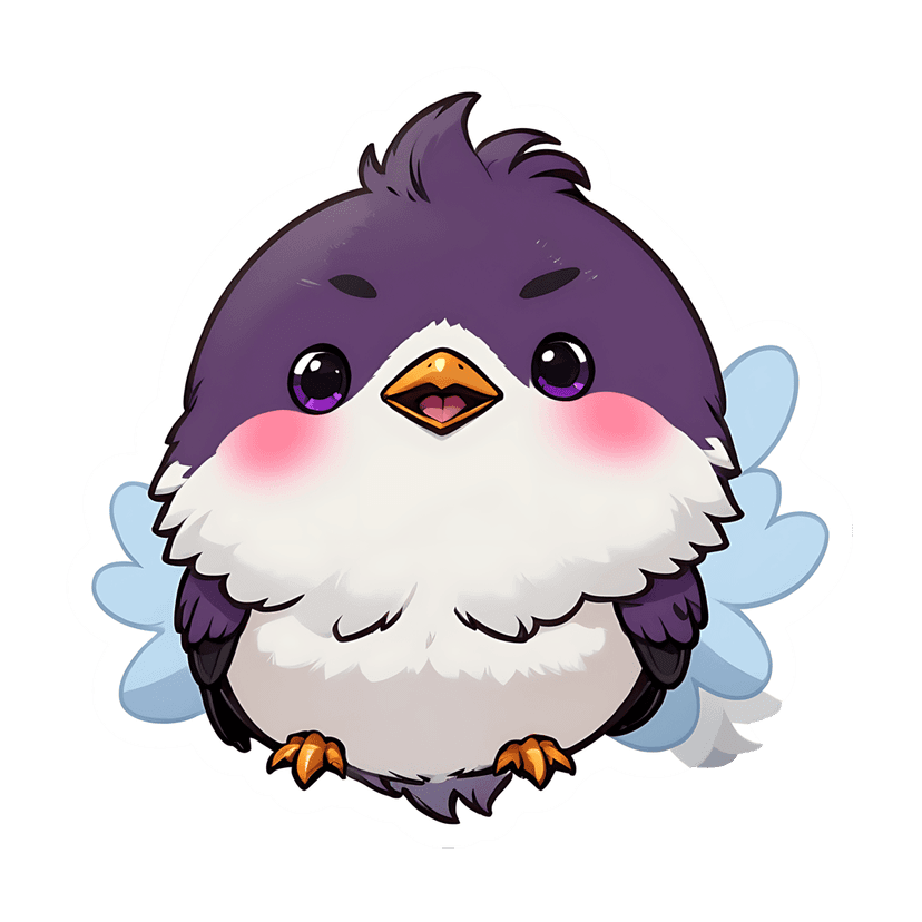 Purple bird sticker illustration shows a round feathered character with orange feet and soft white plumage.