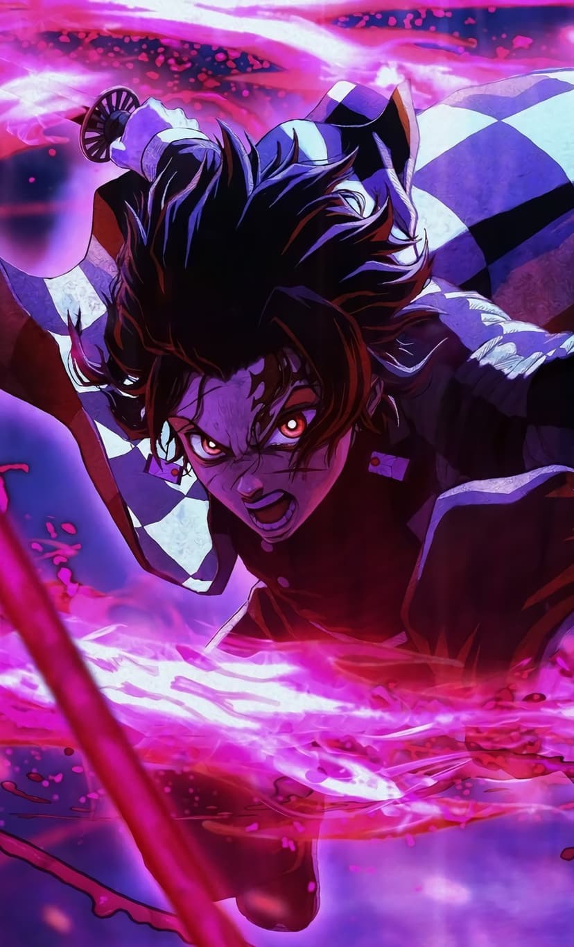 Tanjiro Kamado swings a sword emitting pink energy swirls while his eyes glow red in a dark battle setting.