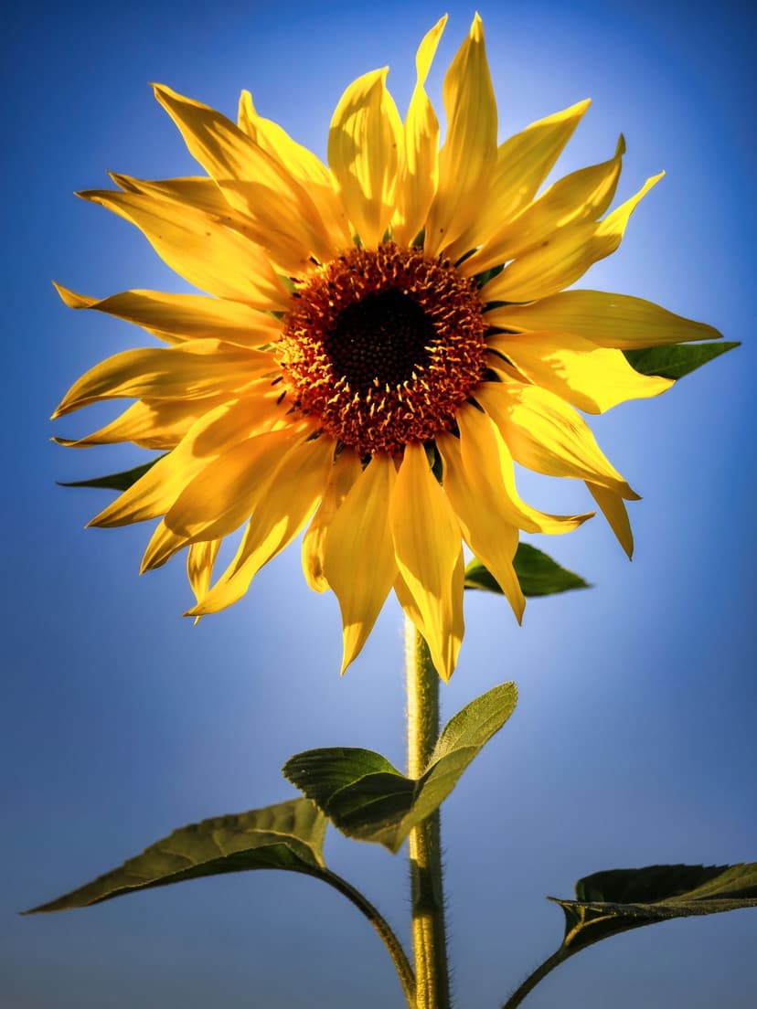 Sunflower in full bloom with yellow petals and a dark center against a clear blue sky in bright daylight.