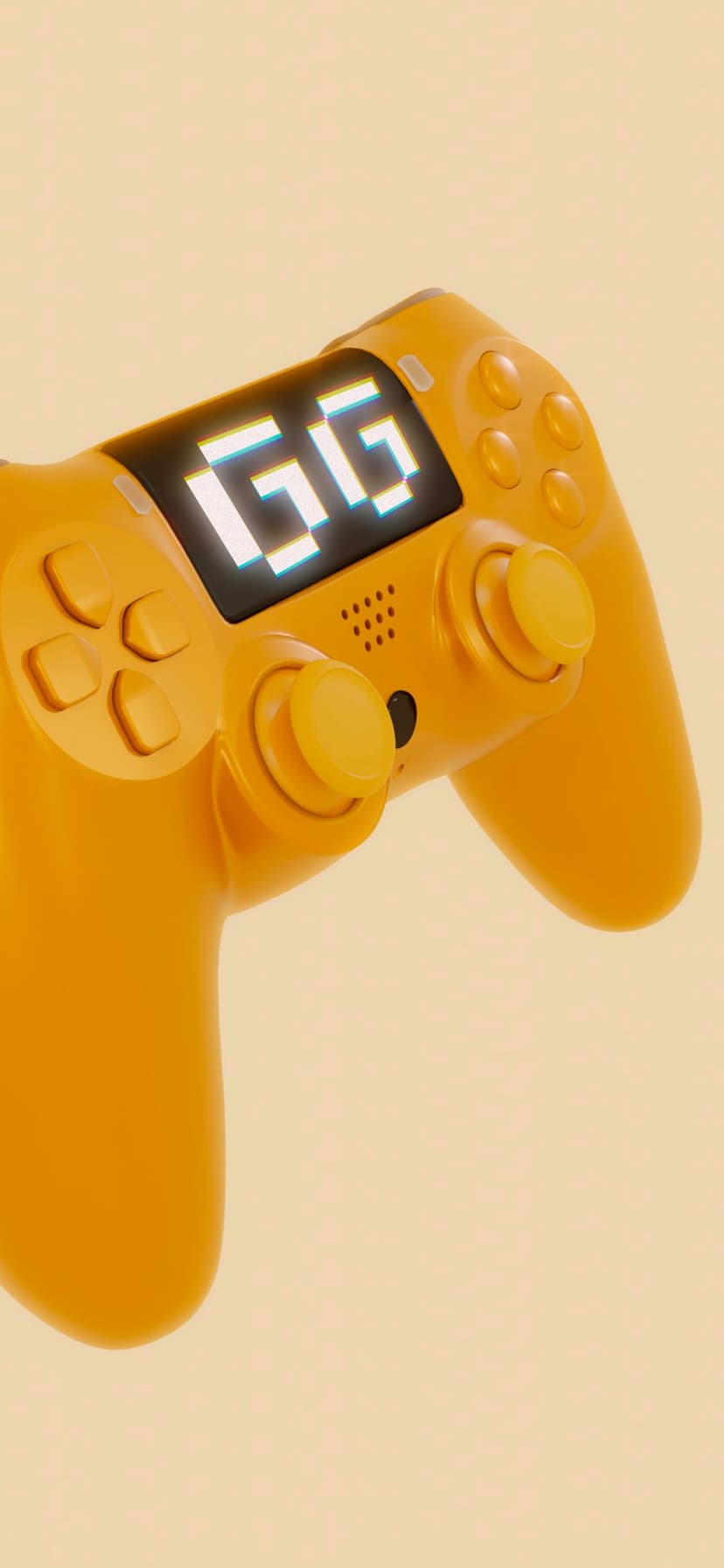 Orange video game controller featuring a white GG digital display and analog sticks on a neutral tan background.