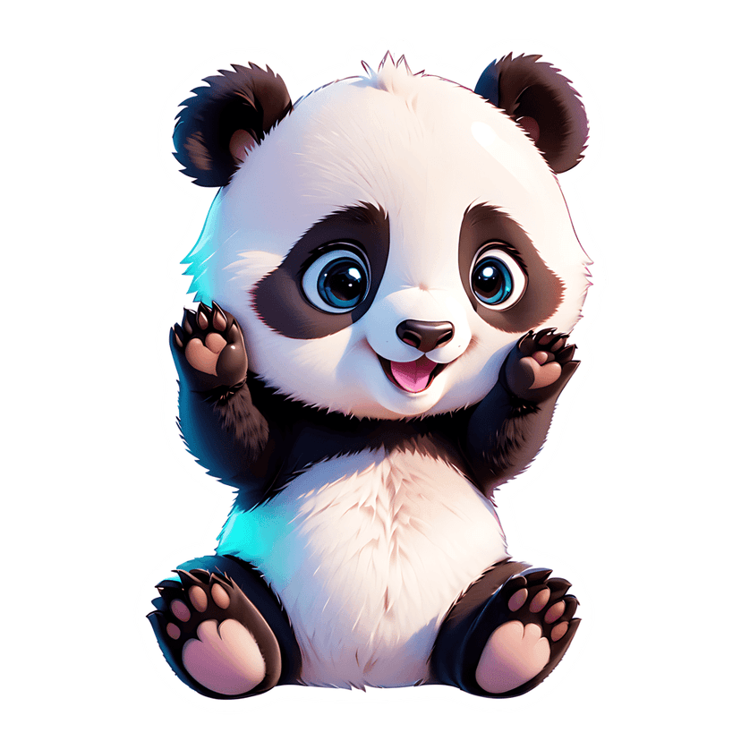 Panda sticker illustration with glossy black and white fur, large blue eyes, and pink paw pads in a front view.