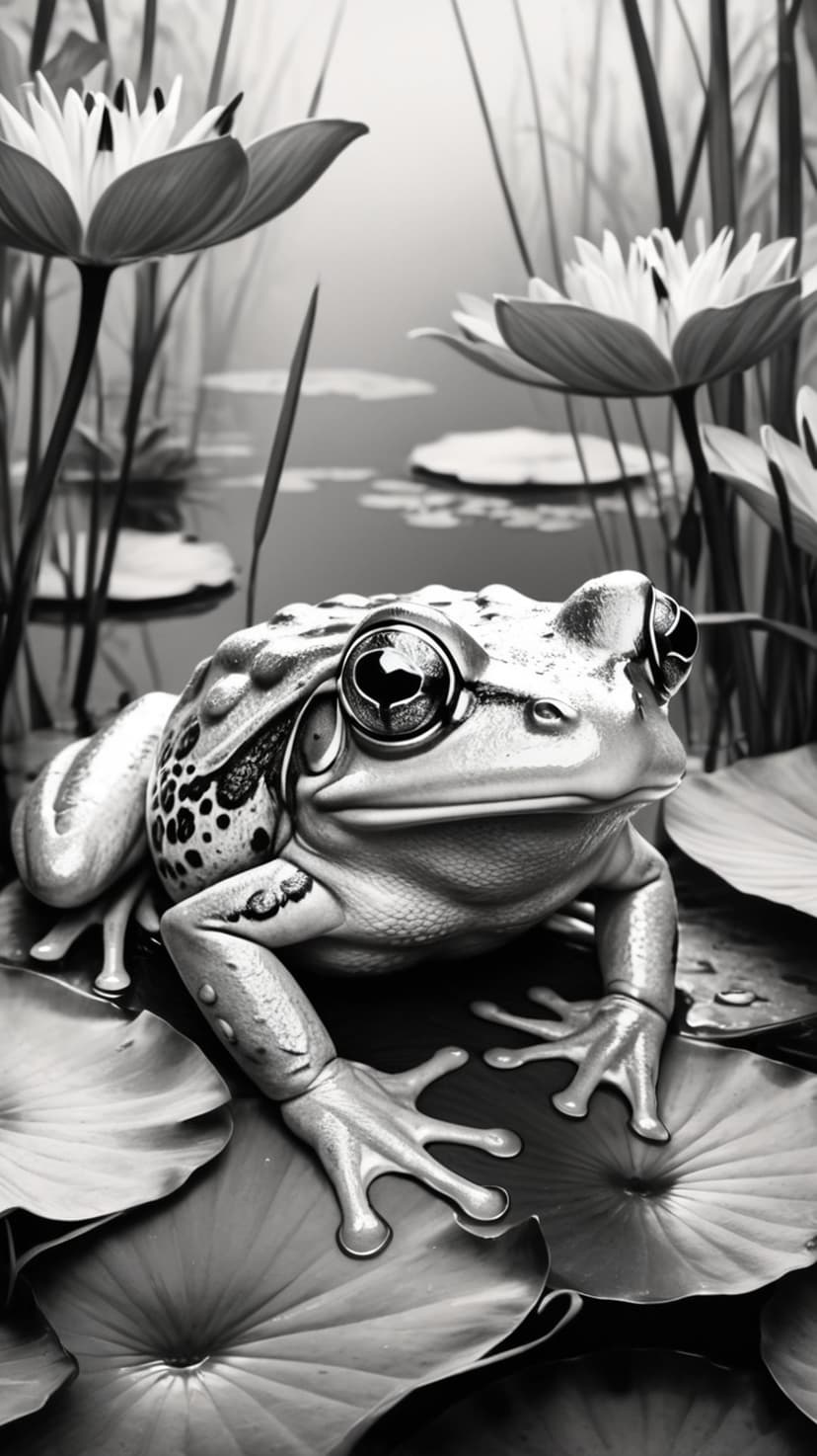 Frog with textured skin sits on a large lily pad amidst lotus flowers in a monochromatic pond setting.