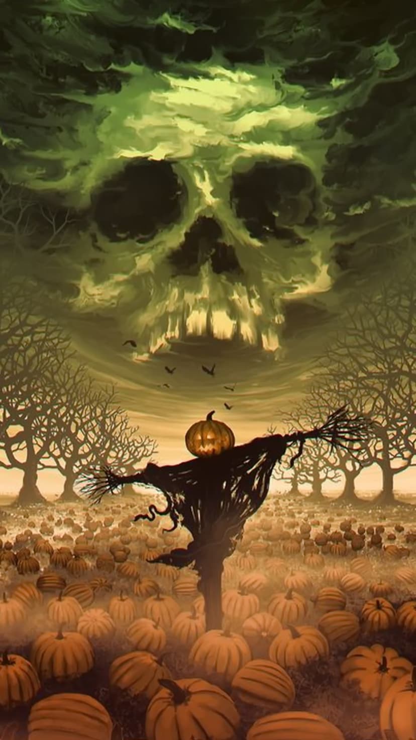 Silhouetted scarecrow with a glowing pumpkin head stands in a field under a massive green skull cloud.