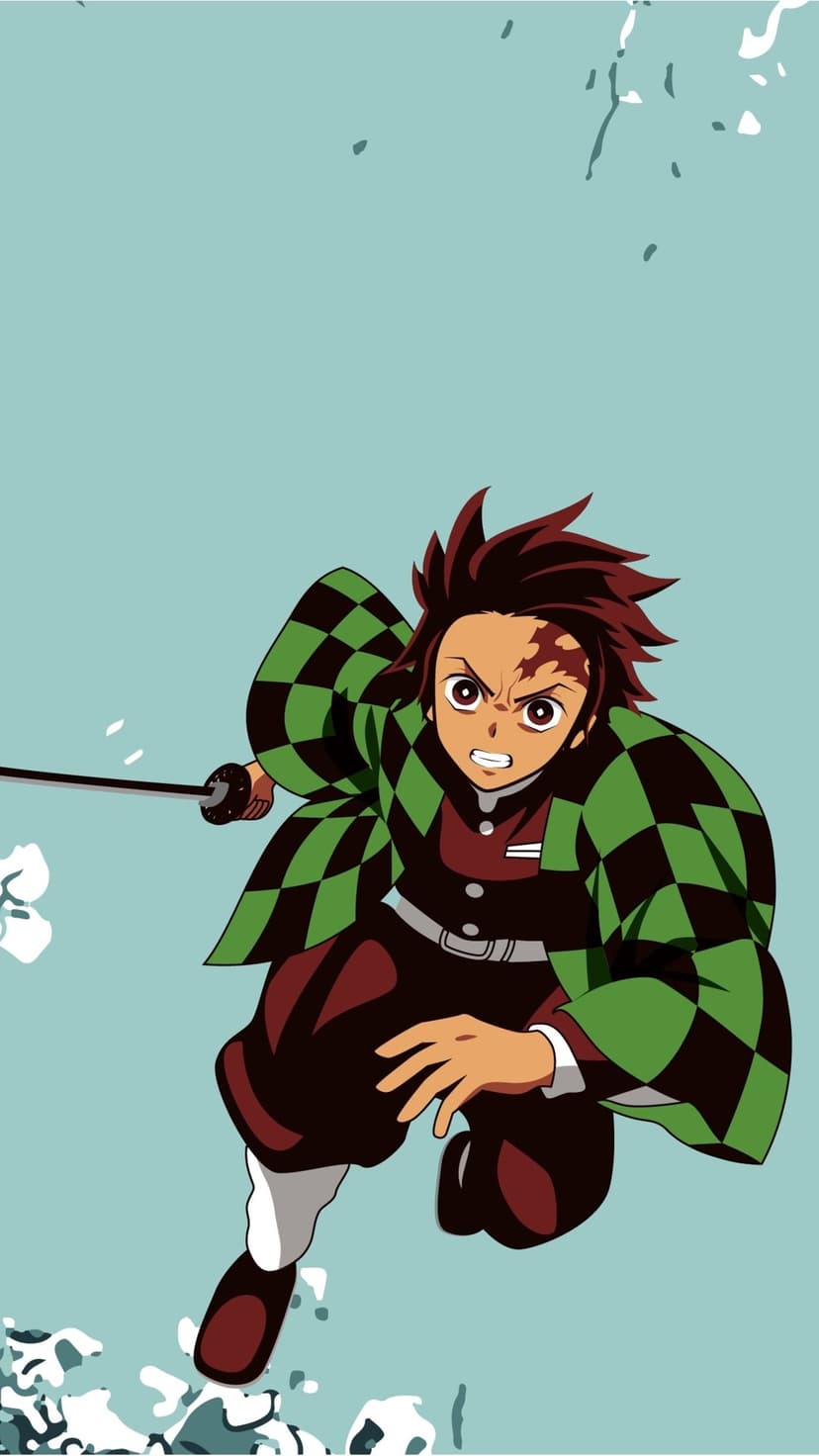 Tanjiro Kamado in a combat stance wearing a checkered haori with a sword against a light blue water-themed background.