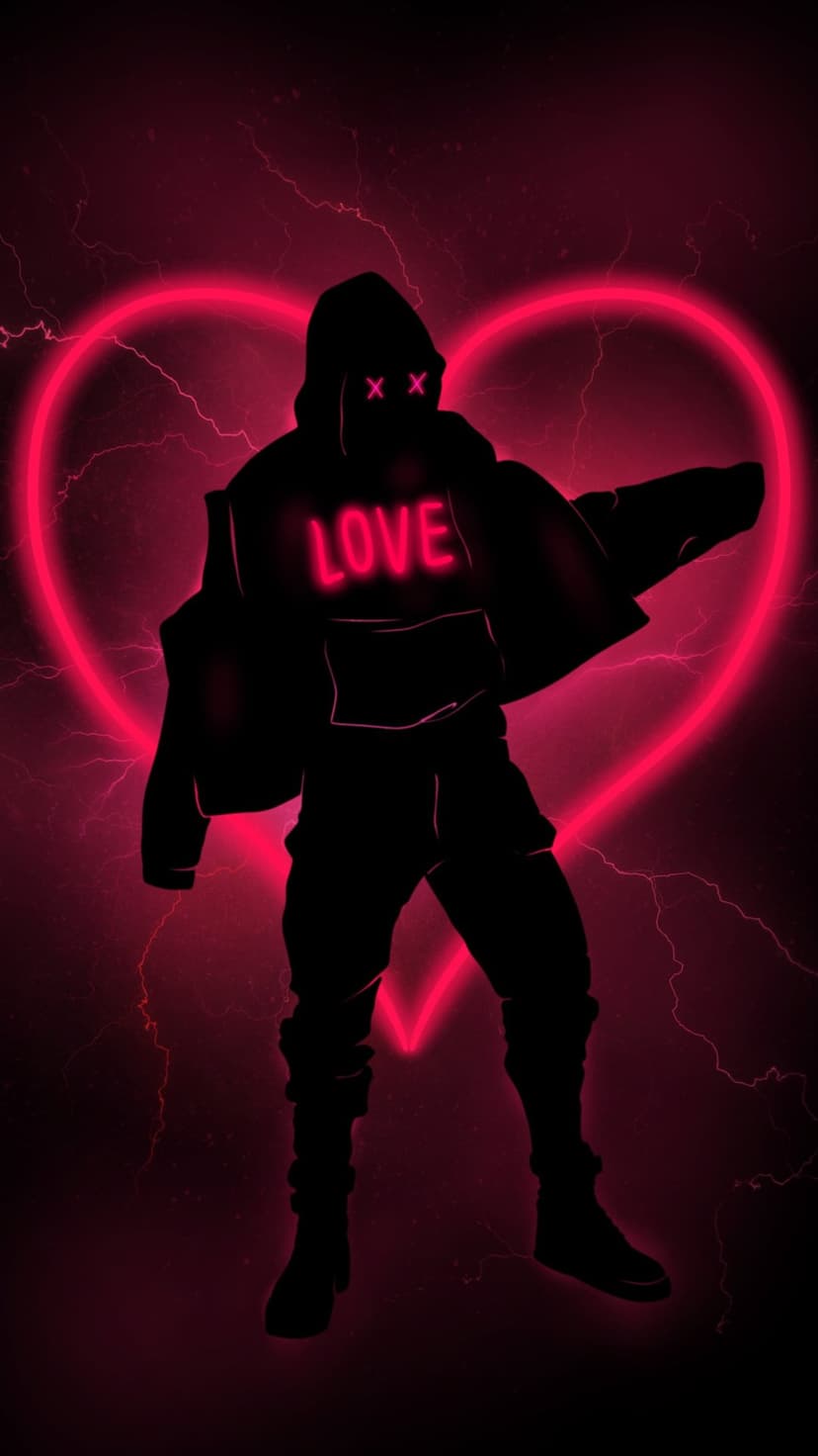 Hooded silhouette with pink X eyes and LOVE text on chest stands inside a neon heart with lightning strikes.