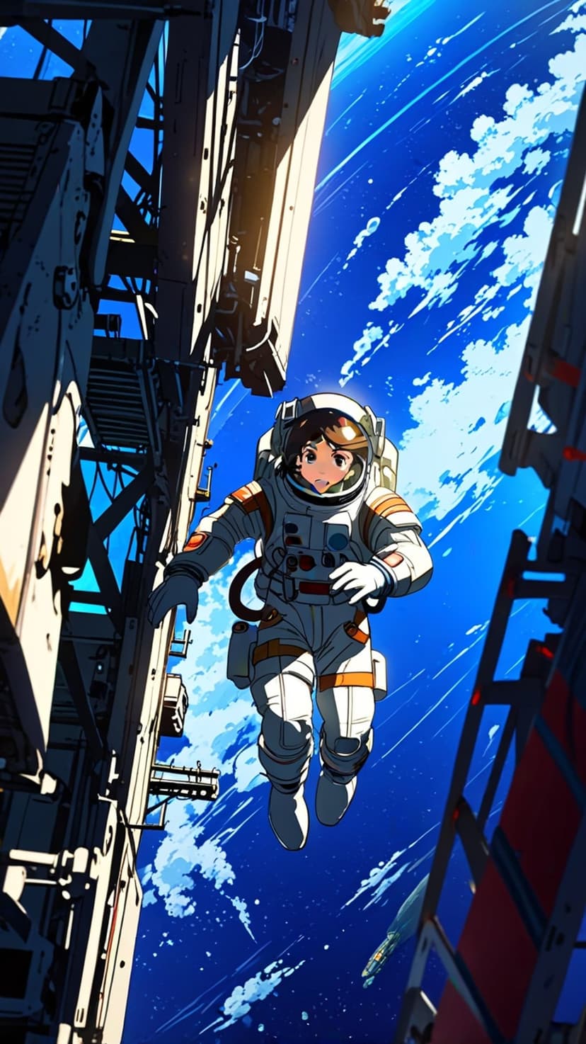Astronaut in a white and orange suit floats near a metallic space station against a deep blue orbital backdrop.