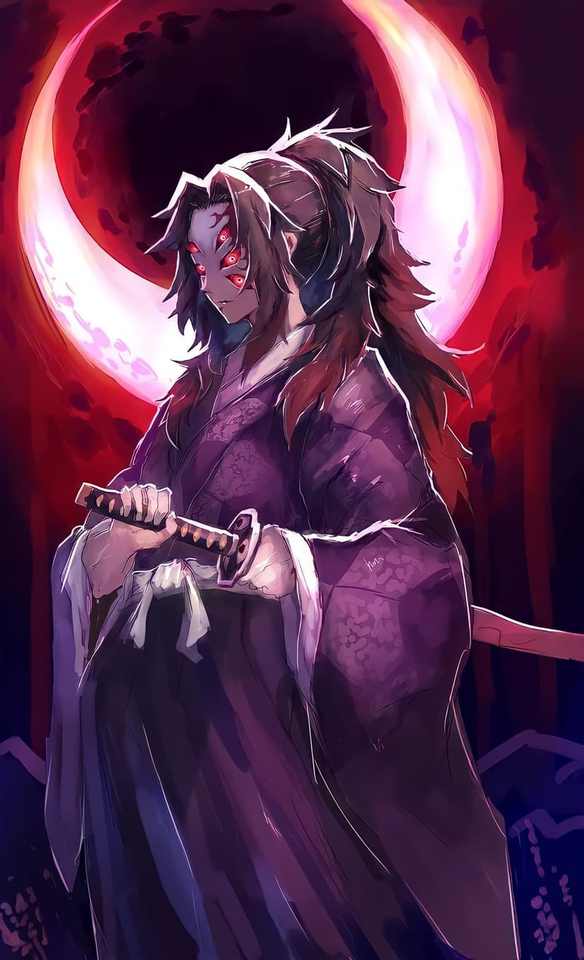 Kokushibo with six eyes holding a katana under a large red crescent moon against a dark scarlet backdrop.