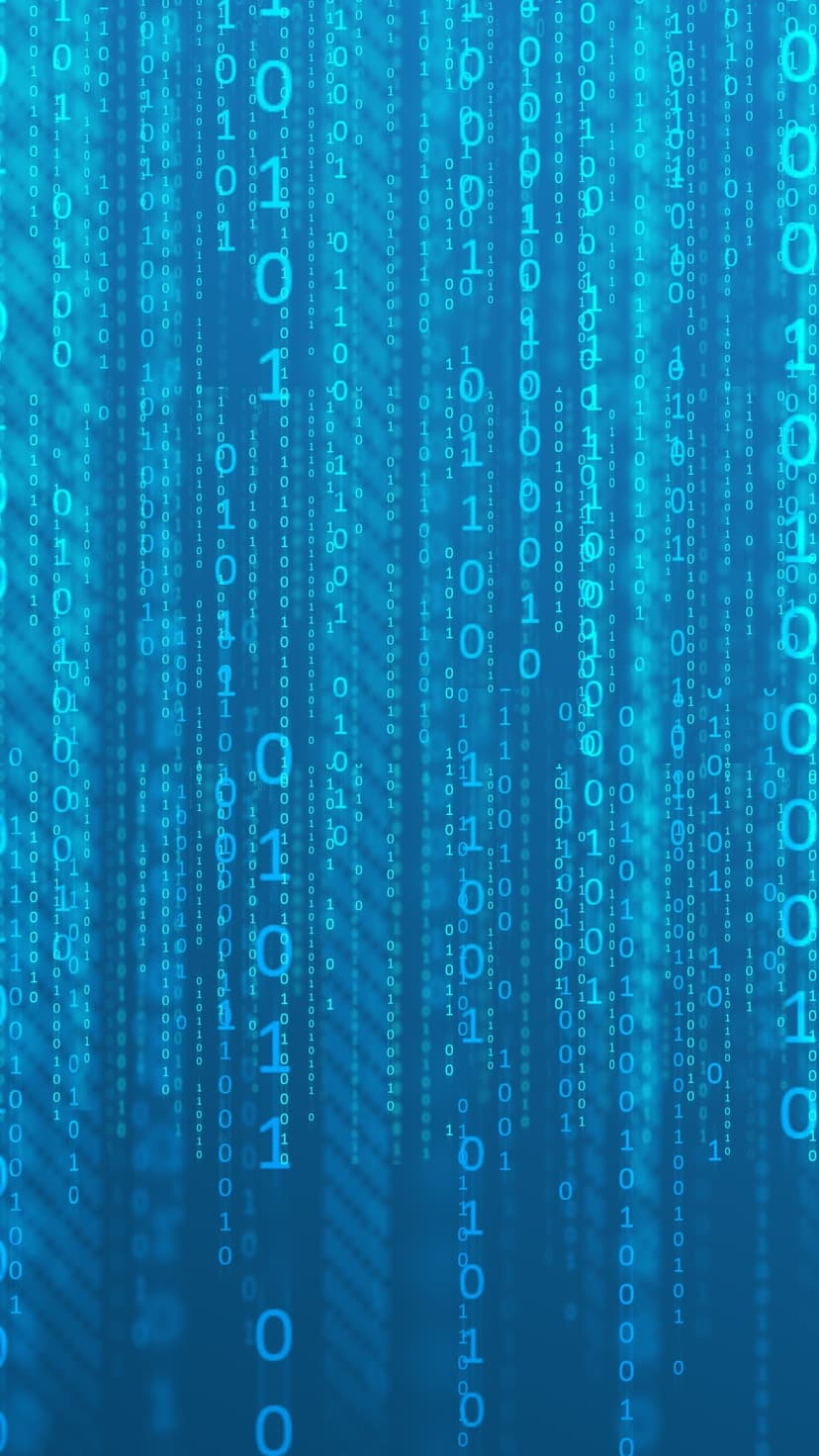 Blue binary digits cascade vertically against a dark cyan backdrop with varying levels of focus and depth.