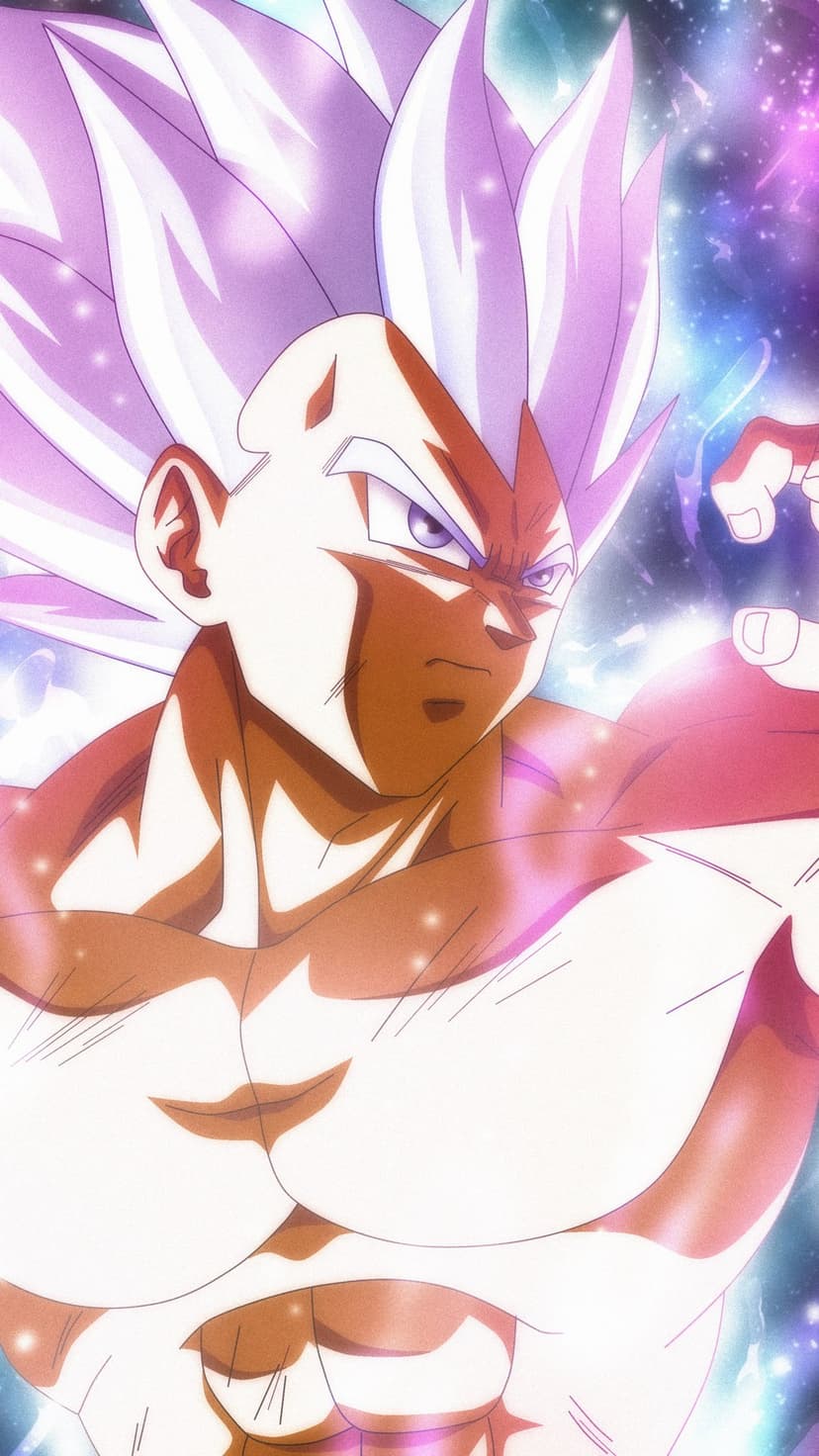 Vegeta with silver hair and purple eyes stands amidst a glowing white and blue cosmic energy aura.